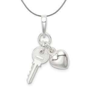 Sterling Silver Heart and Key Charm Necklace - 20 Inch